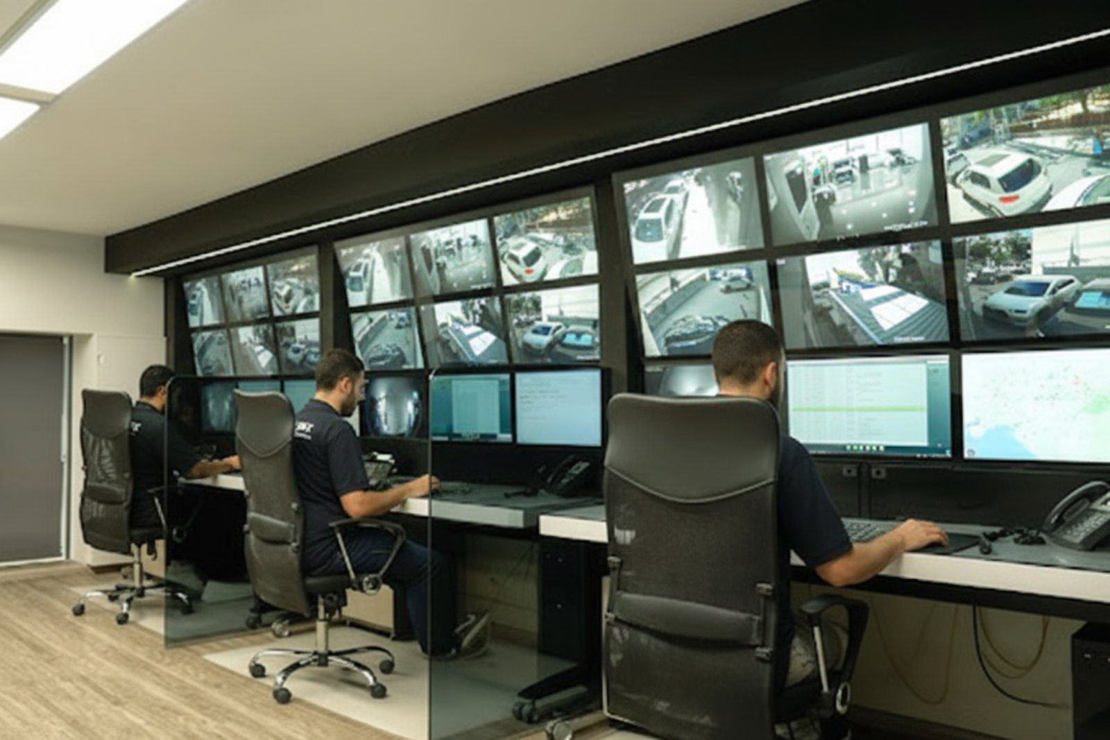 Χειριστές στην αίθουσα ελέγχου της Sigma Monitoring, μπροστά σε τοίχο από οθόνες